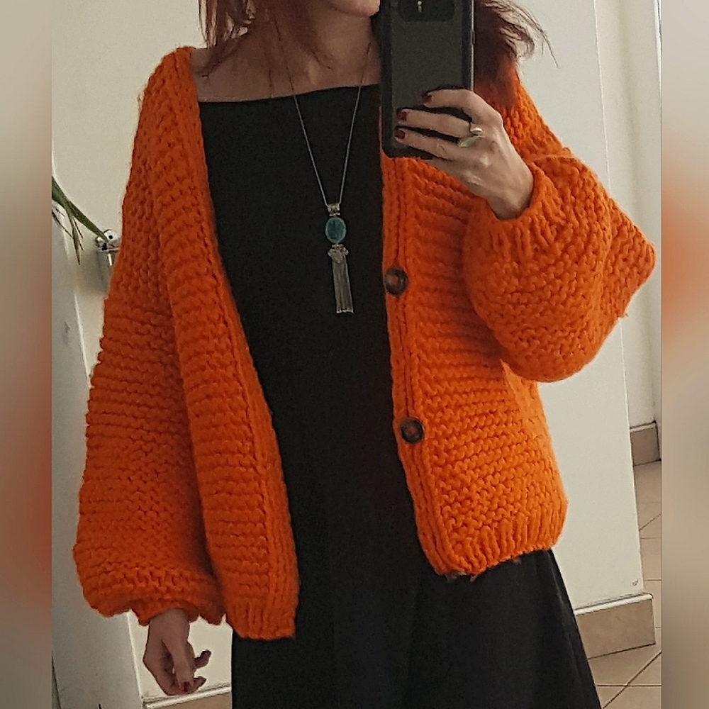 Hand knit oversized woman sweater chunky orange wool knit cardigan